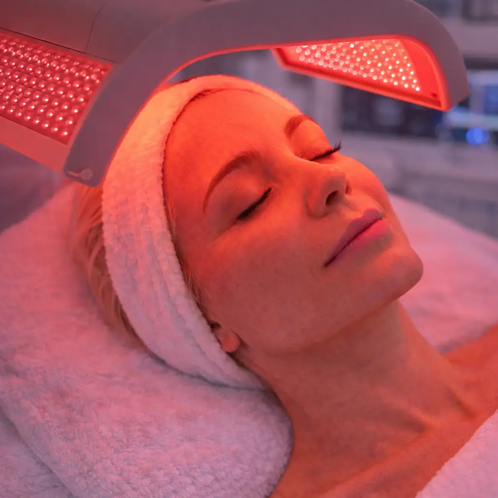 "A-young-22-year-old-woman-receiving-Red-Light-Therapy-at-Dr.-GARGI’s-Clinic-promoting-skin-rejuvenation-anti-aging-benefits-and-healthy-glowing-skin-in-a-professional-and-relaxing-clinical-setting."
